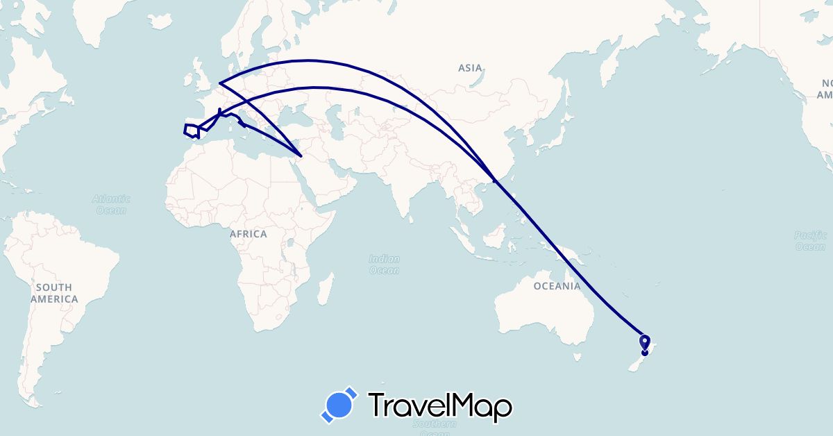 TravelMap itinerary: driving in China, Spain, France, Italy, Jordan, Netherlands, New Zealand, Portugal (Asia, Europe, Oceania)